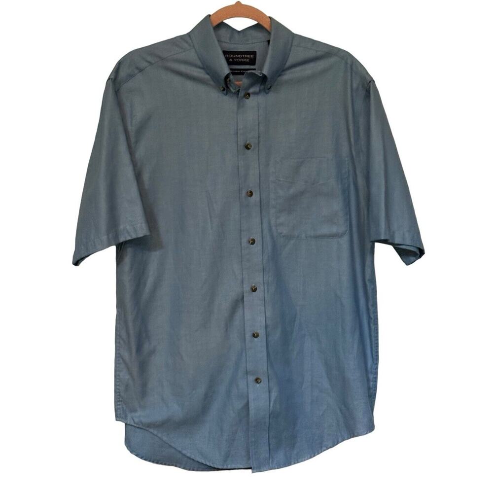 Mens Roundtree & Yorke Blue Button Down Shirt Short Sleeve Size M Wrinkle Free